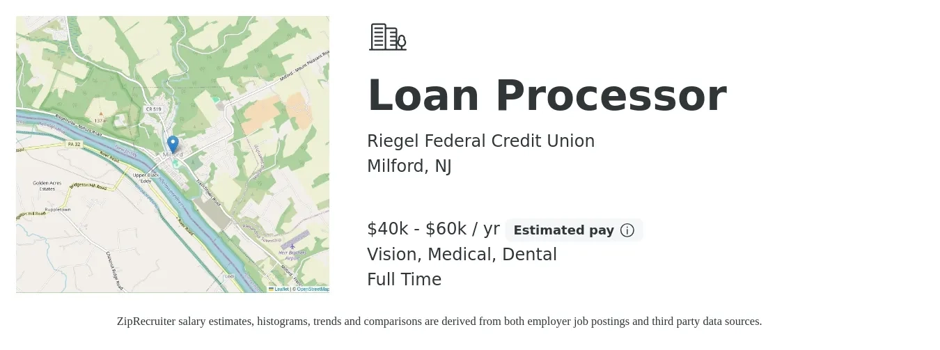 Riegel Federal Credit Union job posting for a Loan Processor in Milford, NJ with a salary of $40,000 to $60,000 Yearly and benefits including dental, life_insurance, medical, pto, retirement, and vision with a map of Milford location.