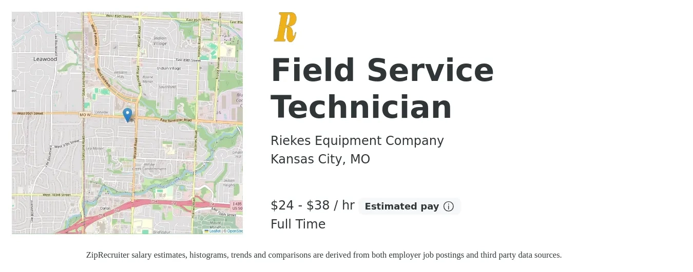 Riekes Equipment Company job posting for a Field Service Technician in Kansas City, MO with a salary of $25 to $40 Hourly with a map of Kansas City location.