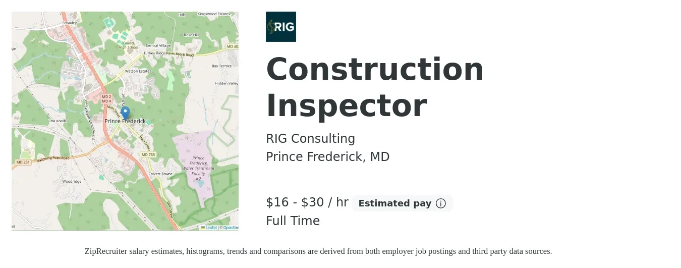 RIG Consulting job posting for a Construction Inspector in Prince Frederick, MD with a salary of $17 to $32 Hourly with a map of Prince Frederick location.