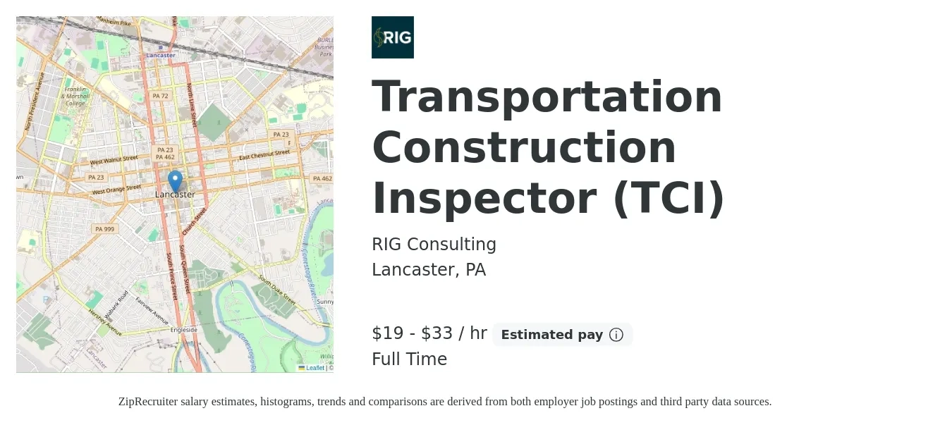 RIG Consulting job posting for a Transportation Construction Inspector (TCI) in Lancaster, PA with a salary of $20 to $35 Hourly with a map of Lancaster location.