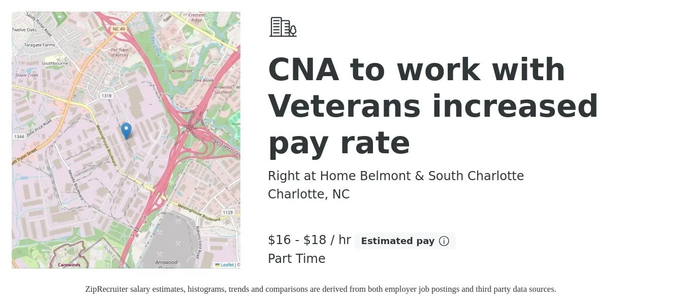 Right at Home Belmont & South Charlotte job posting for a CNA to work with Veterans increased pay rate in Charlotte, NC with a salary of $17 to $19 Hourly with a map of Charlotte location.