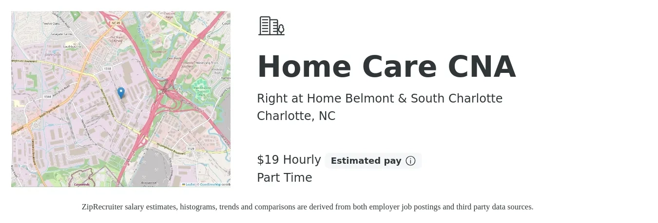Right at Home Belmont & South Charlotte job posting for a Home Care CNA in Charlotte, NC with a salary of $20 Hourly with a map of Charlotte location.