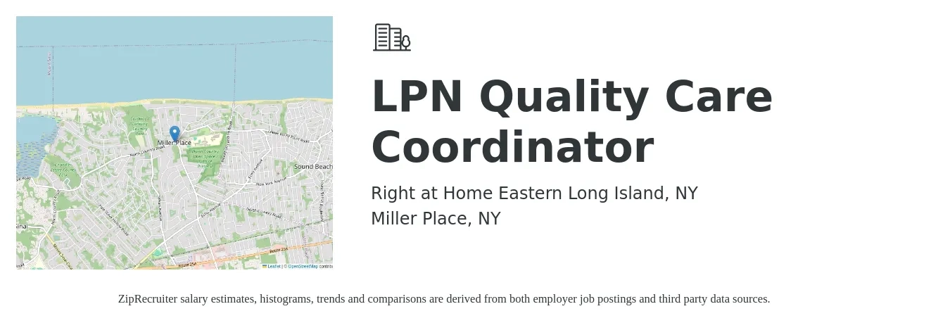 Right at Home Eastern Long Island, NY job posting for a LPN Quality Care Coordinator in Miller Place, NY with a salary of $28 to $31 Hourly with a map of Miller Place location.