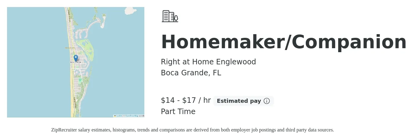 Right at Home Englewood job posting for a Homemaker/Companion in Boca Grande, FL with a salary of $15 to $18 Hourly with a map of Boca Grande location.