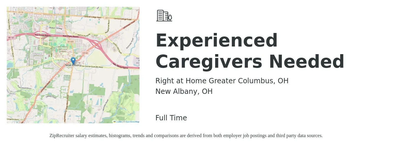 Right at Home Greater Columbus, OH job posting for a Experienced Caregivers Needed in New Albany, OH with a salary of $15 to $18 Daily with a map of New Albany location.