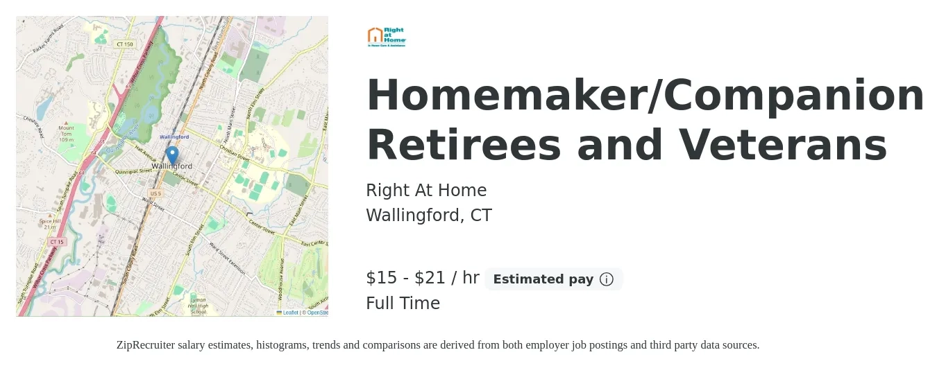 Right at Home job posting for a Homemaker/Companion Retirees and Veterans in Wallingford, CT with a salary of $16 to $22 Hourly with a map of Wallingford location.