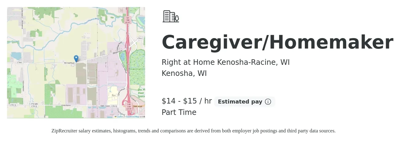 Right at Home Kenosha-Racine, WI job posting for a Caregiver/Homemaker in Kenosha, WI with a salary of $15 to $16 Hourly with a map of Kenosha location.