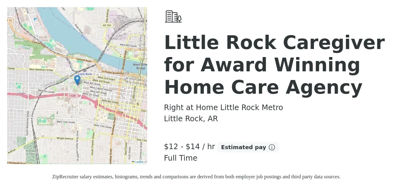 Right at Home Little Rock Metro job posting for a Little Rock Caregiver for Award Winning Home Care Agency in Little Rock, AR with a salary of $12 to $15 Hourly with a map of Little Rock location.