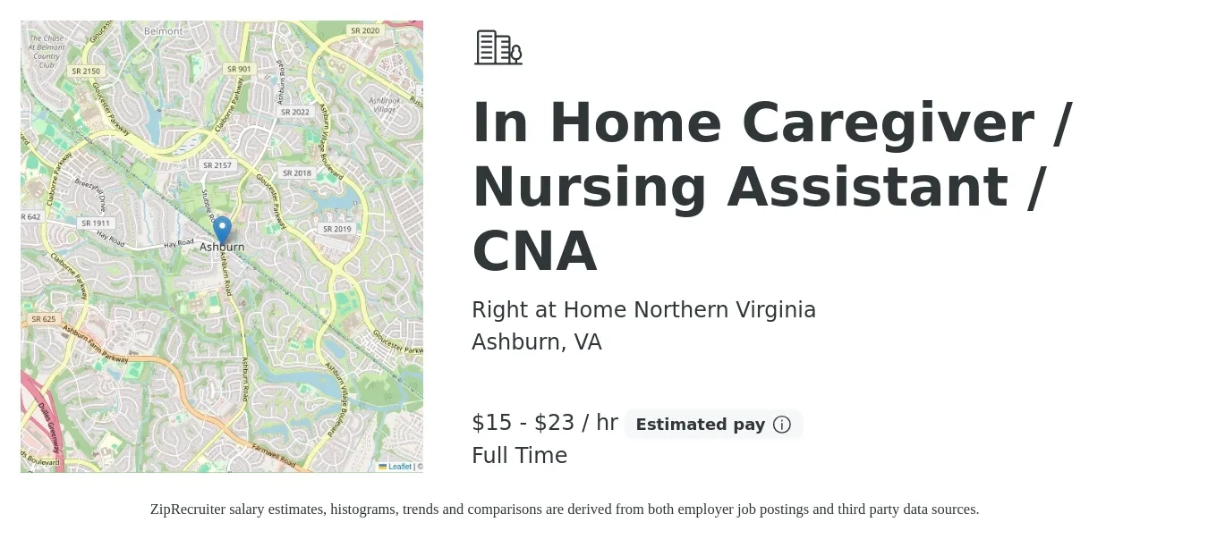 Right at Home Northern Virginia job posting for a In Home Caregiver / Nursing Assistant / CNA in Ashburn, VA with a salary of $16 to $24 Hourly with a map of Ashburn location.