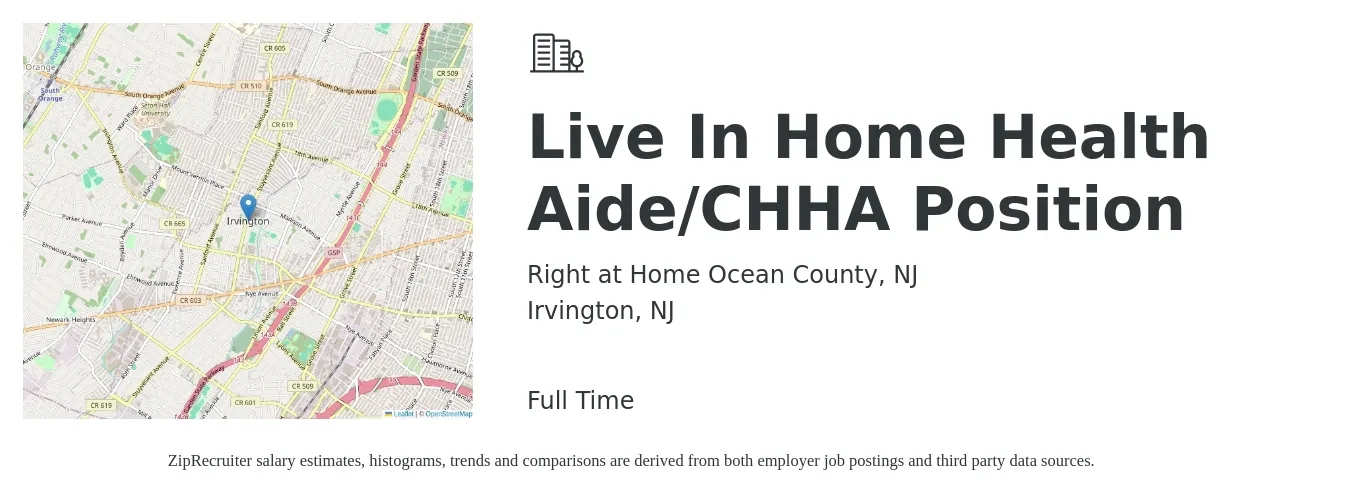 Right at Home Ocean County, NJ job posting for a Live In Home Health Aide/CHHA Position in Irvington, NJ with a salary of $190 Daily with a map of Irvington location.