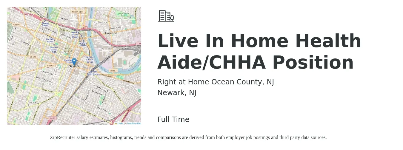 Right at Home Ocean County, NJ job posting for a Live In Home Health Aide/CHHA Position in Newark, NJ with a salary of $190 Daily with a map of Newark location.