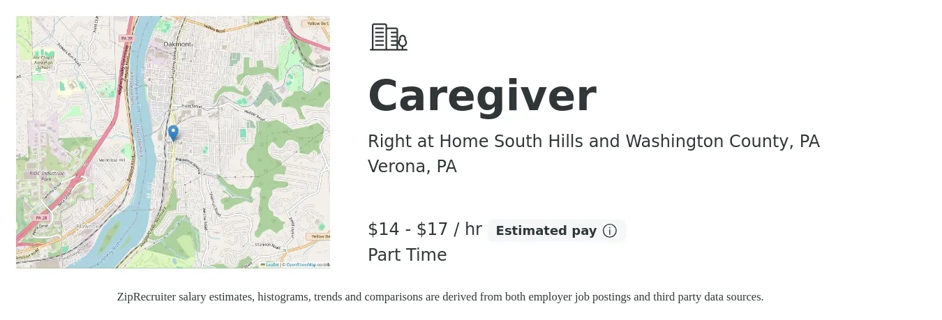Right at Home South Hills and Washington County, PA job posting for a Caregiver in Verona, PA with a salary of $15 to $18 Hourly with a map of Verona location.