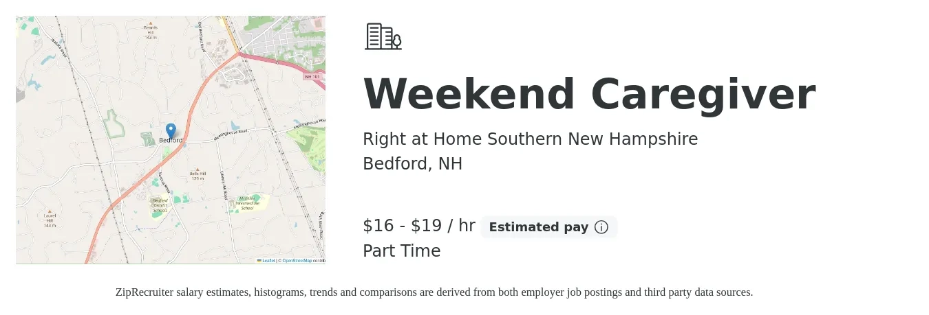 Right at Home Southern New Hampshire job posting for a Weekend Caregiver in Bedford, NH with a salary of $17 to $20 Hourly with a map of Bedford location.