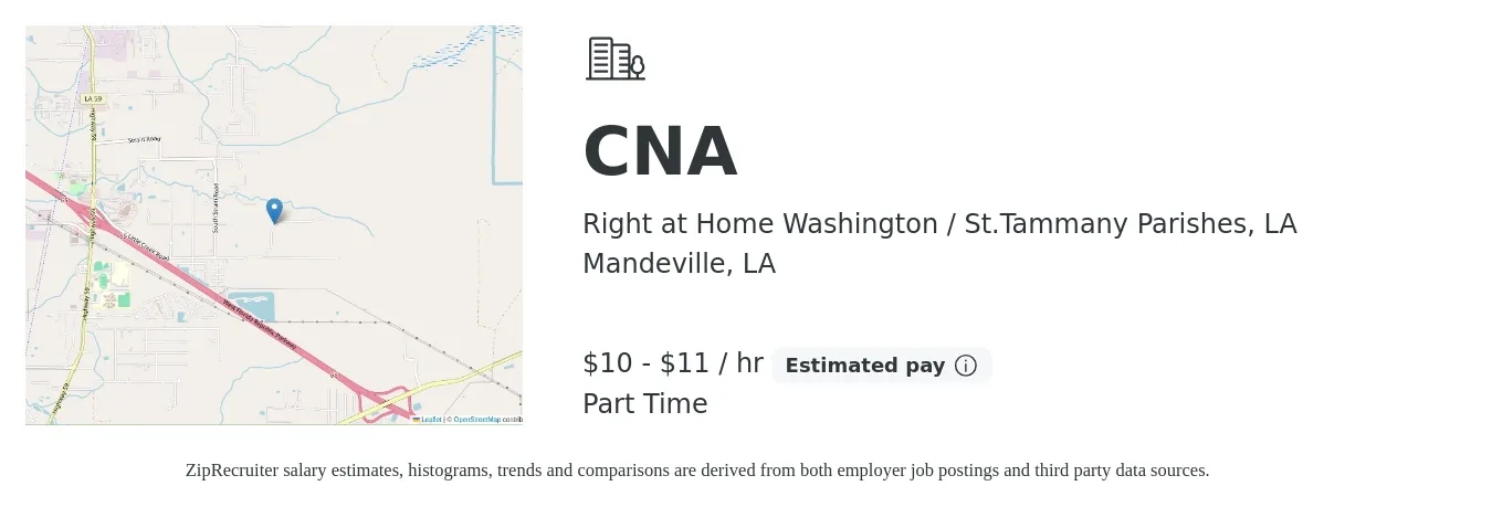Right at Home Washington / St.Tammany Parishes, LA job posting for a CNA in Mandeville, LA with a salary of $11 to $12 Hourly with a map of Mandeville location.