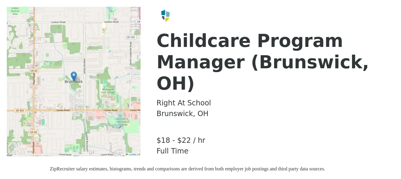 Right At School job posting for a Childcare Program Manager (Brunswick, OH) in Brunswick, OH with a salary of $19 to $23 Hourly with a map of Brunswick location.