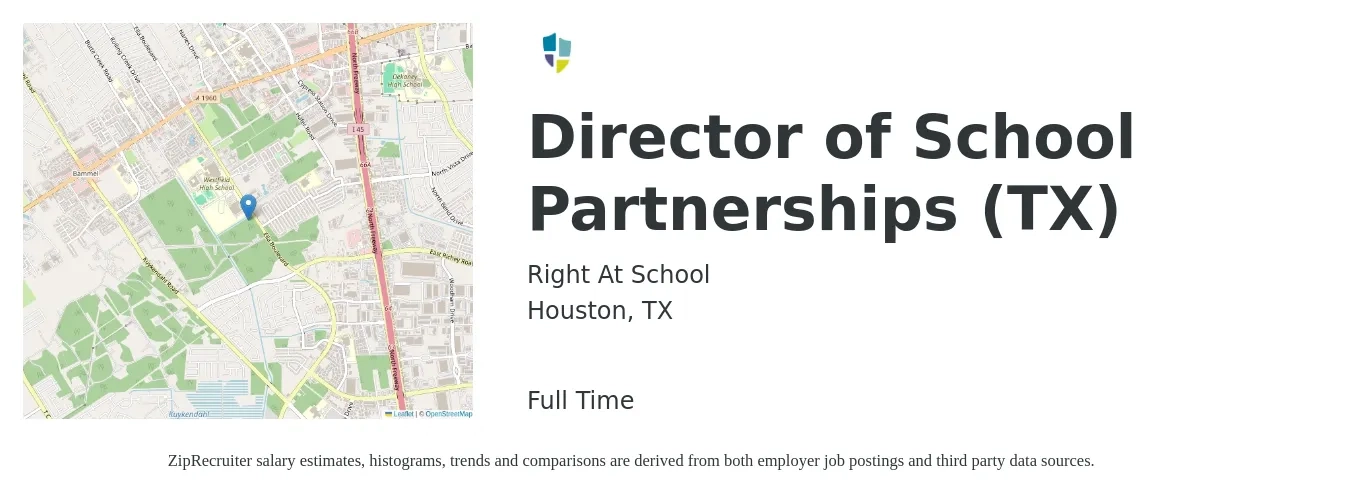 Right At School job posting for a Director of School Partnerships (TX) in Houston, TX with a salary of $51,600 to $92,200 Yearly with a map of Houston location.