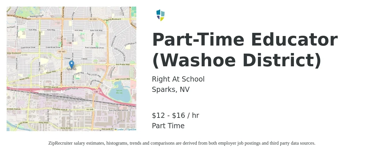 Right At School job posting for a Part-Time Educator (Washoe District) in Sparks, NV with a salary of $13 to $17 Hourly with a map of Sparks location.