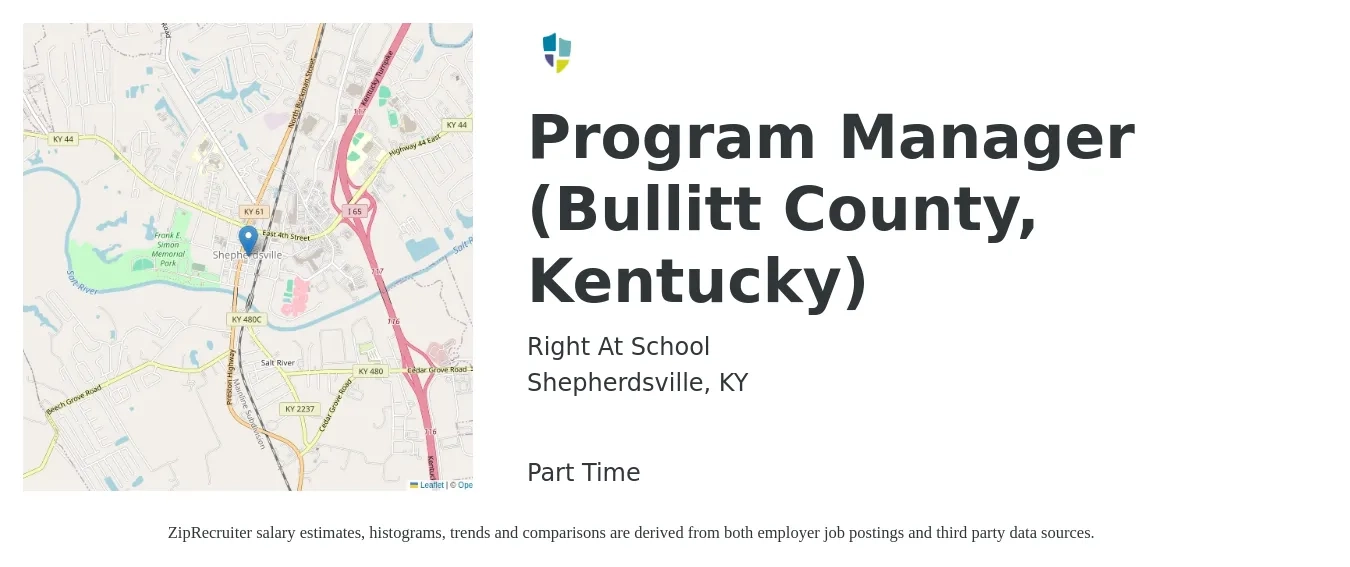 Right At School job posting for a Program Manager (Bullitt County, Kentucky) in Shepherdsville, KY with a salary of $74,500 to $124,100 Yearly with a map of Shepherdsville location.