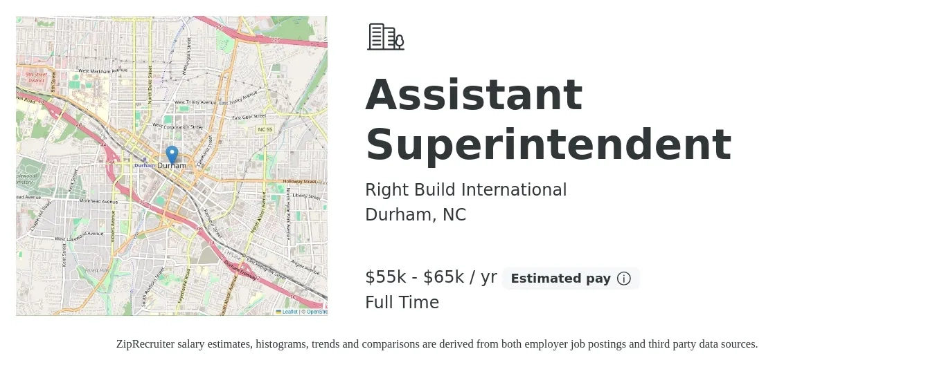 Right Build International job posting for a Assistant Superintendent in Durham, NC with a salary of $55,000 to $65,000 Yearly with a map of Durham location.