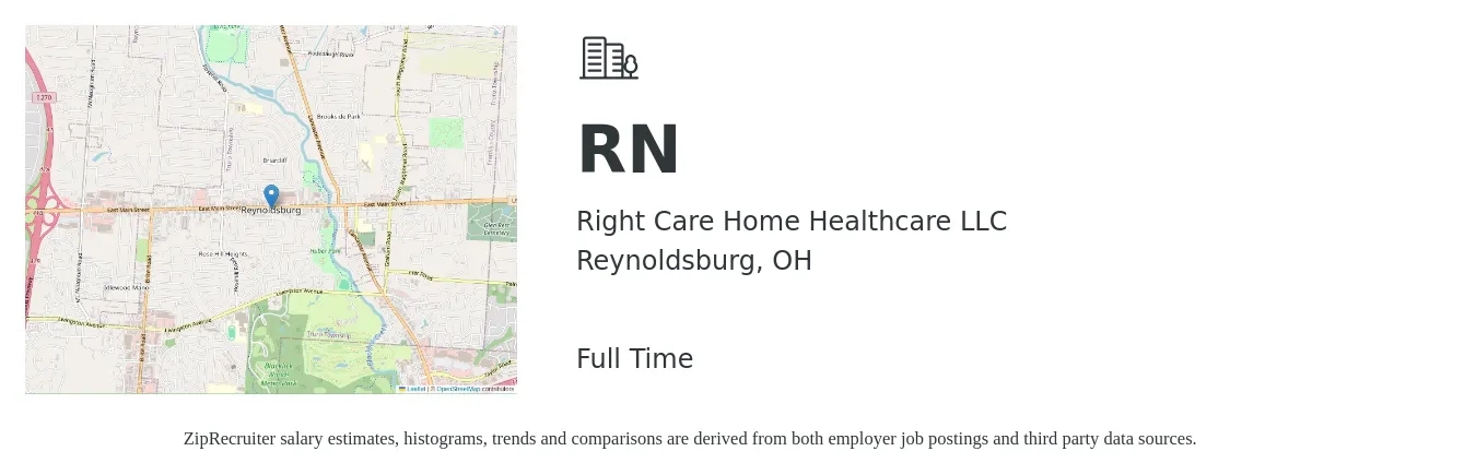 Right Care Home Healthcare LLC job posting for a RN in Reynoldsburg, OH with a salary of $29 to $31 Hourly with a map of Reynoldsburg location.