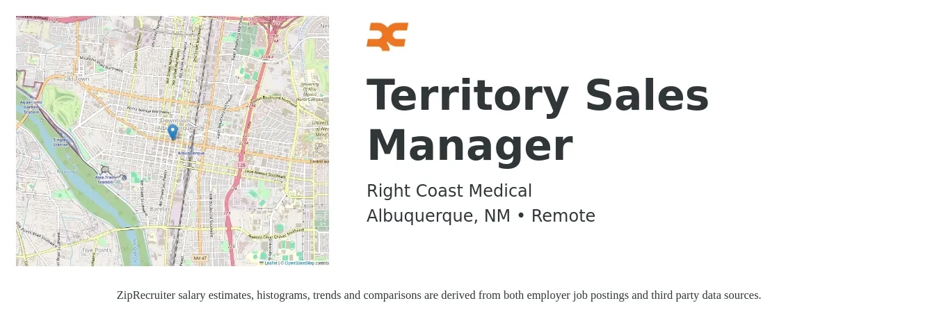 Right Coast Medical job posting for a Territory Sales Manager in Albuquerque, NM with a salary of $1,000 to $150,000 Yearly (plus commission) with a map of Albuquerque location.