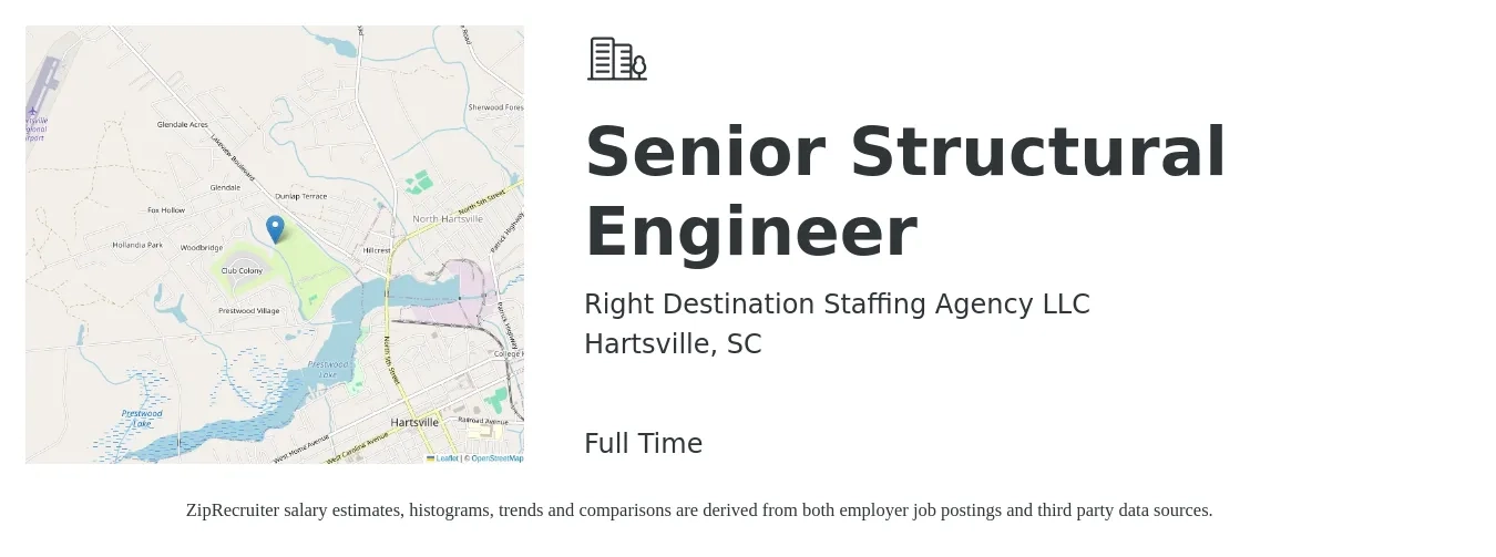 Right Destination Staffing Agency LLC job posting for a Senior Structural Engineer in Hartsville, SC with a salary of $136,000 to $163,000 Yearly with a map of Hartsville location.
