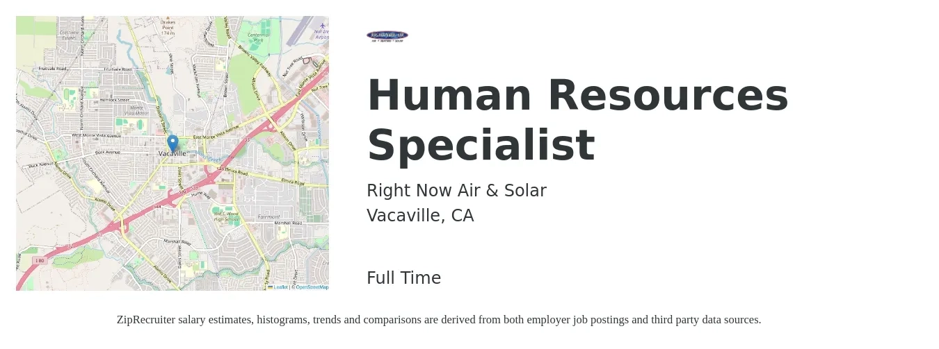 Right Now Air & Solar job posting for a Human Resources Specialist in Vacaville, CA with a salary of $59,400 to $124,500 Yearly with a map of Vacaville location.