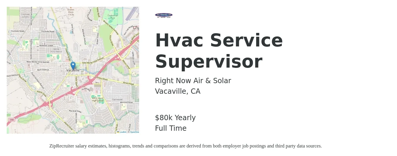 Right Now Air & Solar job posting for a Hvac Service Supervisor in Vacaville, CA with a salary of $80,000 Yearly with a map of Vacaville location.