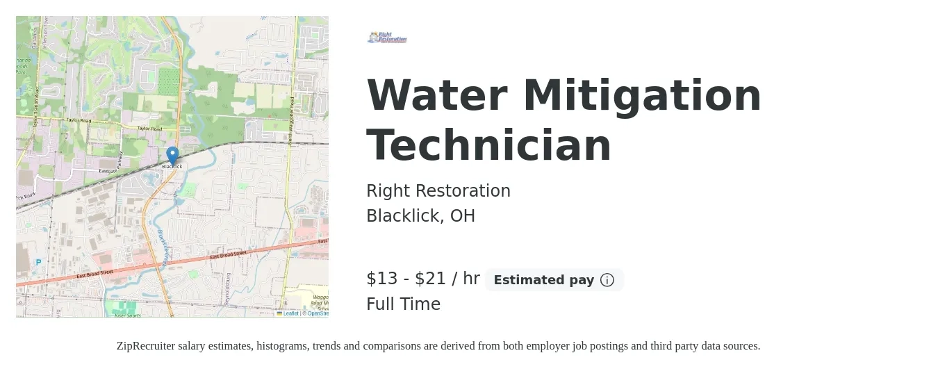Right Restoration job posting for a Water Mitigation Technician in Blacklick, OH with a salary of $14 to $22 Hourly with a map of Blacklick location.