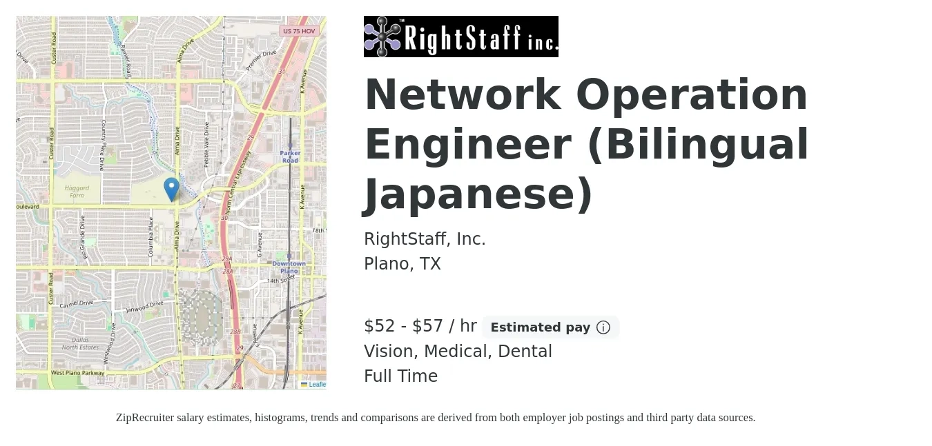RightStaff, Inc. job posting for a Network Operation Engineer (Bilingual Japanese) in Plano, TX with a salary of $55 to $60 Hourly and benefits including life_insurance, medical, pto, retirement, vision, and dental with a map of Plano location.