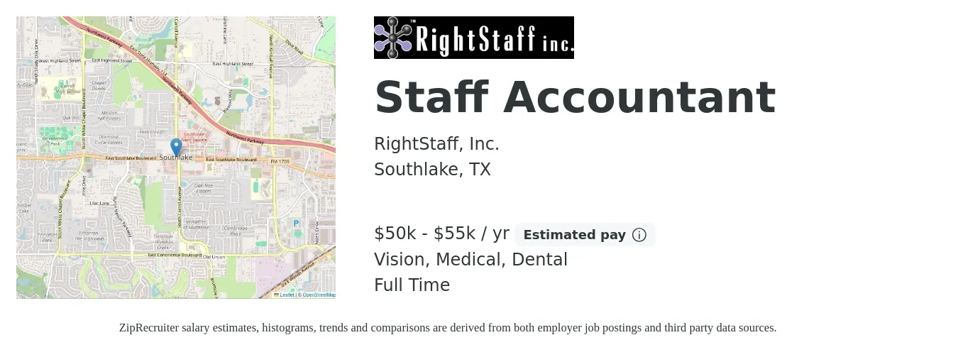 RightStaff, Inc. job posting for a Staff Accountant in Southlake, TX with a salary of $50,000 to $55,000 Yearly and benefits including retirement, vision, dental, life_insurance, medical, and pto with a map of Southlake location.