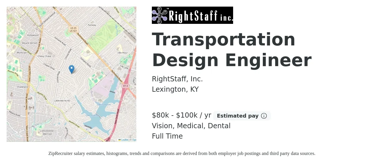 RightStaff, Inc. job posting for a Transportation Design Engineer in Lexington, KY with a salary of $80,000 to $100,000 Yearly and benefits including dental, life_insurance, medical, pto, retirement, and vision with a map of Lexington location.