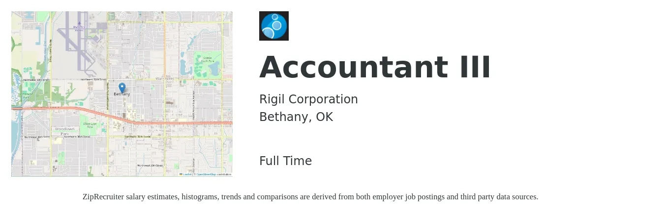 Rigil Corporation job posting for a Accountant III in Bethany, OK with a salary of $50,800 to $74,500 Yearly with a map of Bethany location.
