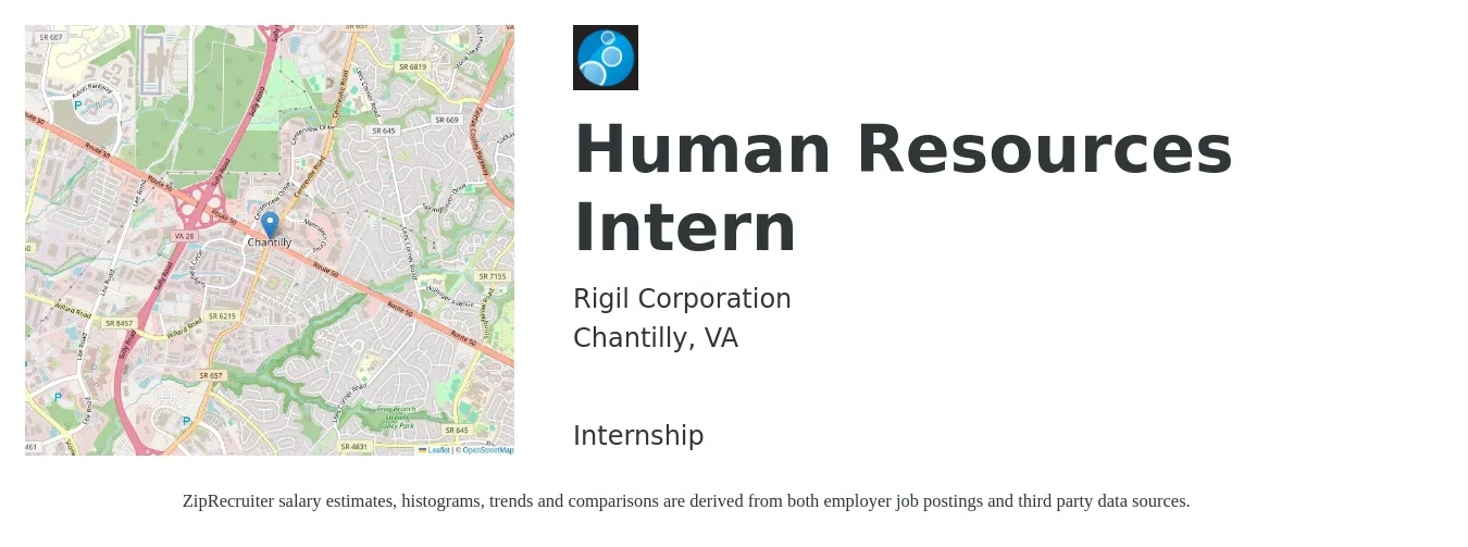 Rigil Corporation job posting for a Human Resources Intern in Chantilly, VA with a salary of $16 to $21 Hourly with a map of Chantilly location.