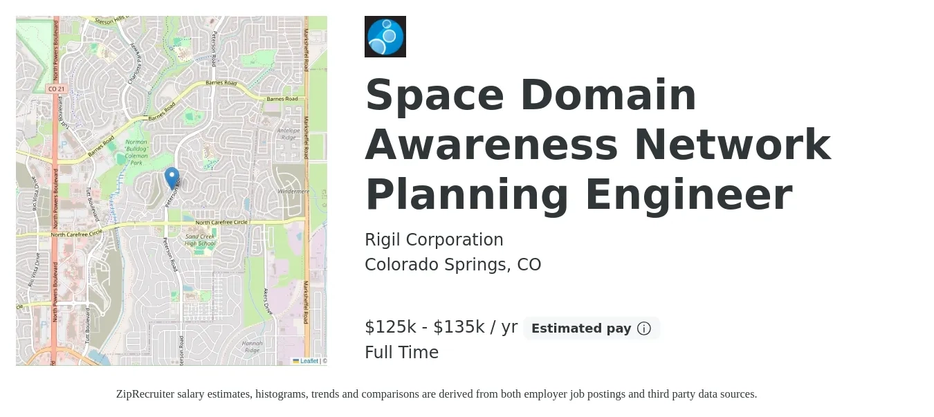 Rigil Corporation job posting for a Space Domain Awareness Network Planning Engineer in Colorado Springs, CO with a salary of $125,000 to $135,000 Yearly with a map of Colorado Springs location.