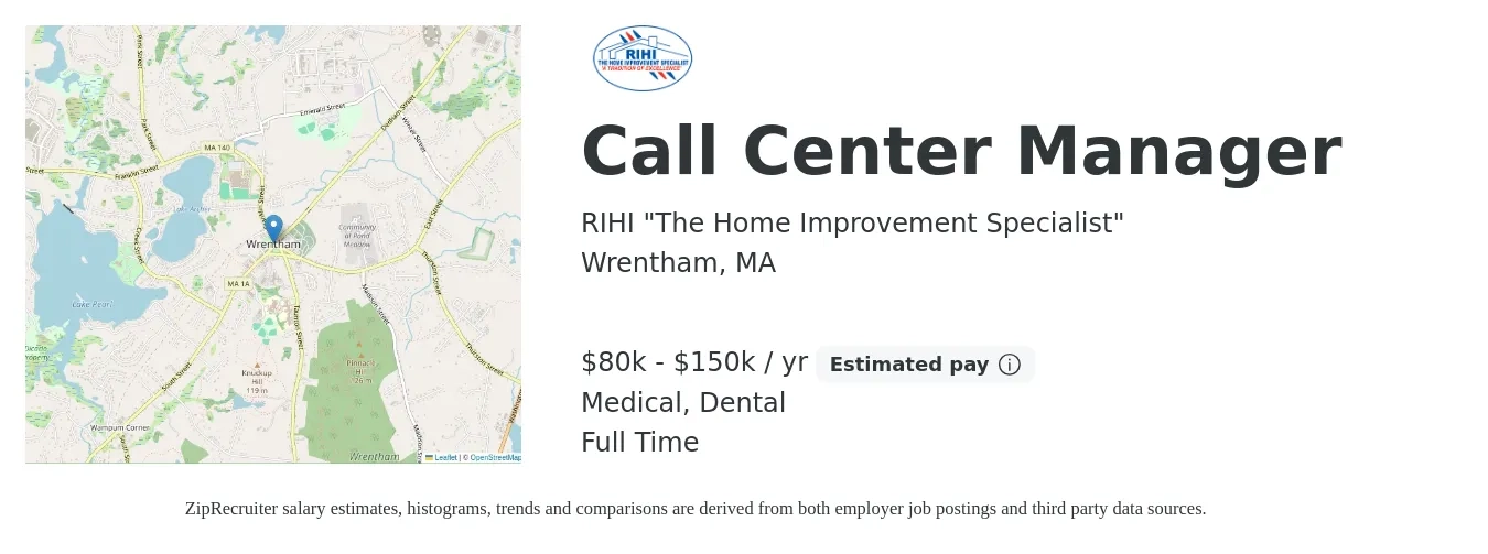 RIHI "The Home Improvement Specialist" job posting for a Call Center Manager in Wrentham, MA with a salary of $80,000 to $150,000 Yearly (plus commission) and benefits including life_insurance, medical, retirement, and dental with a map of Wrentham location.