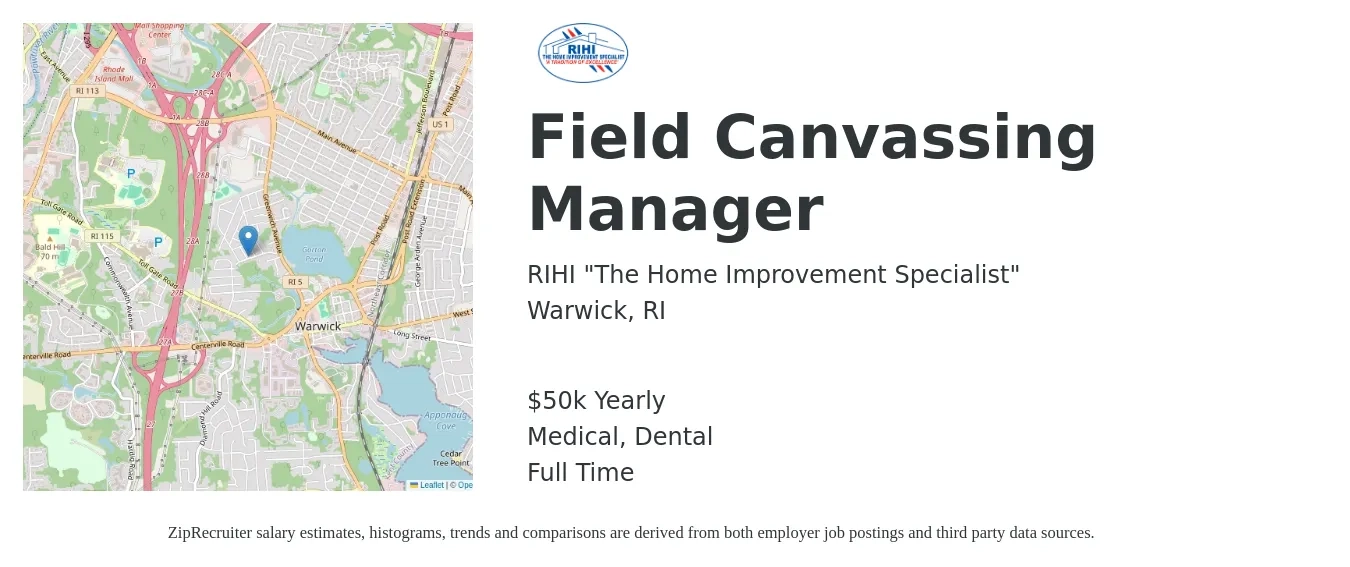 RIHI "The Home Improvement Specialist" job posting for a Field Canvassing Manager in Warwick, RI with a salary of $50,000 Yearly and benefits including retirement, dental, life_insurance, and medical with a map of Warwick location.