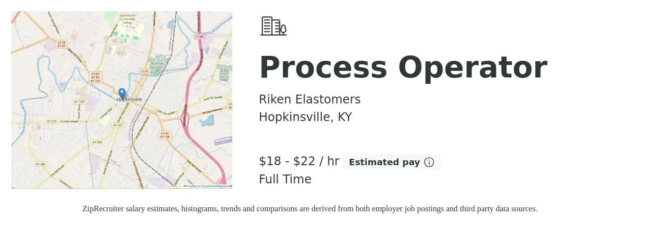 Riken Elastomers job posting for a Process Operator in Hopkinsville, KY with a salary of $19 to $23 Hourly with a map of Hopkinsville location.