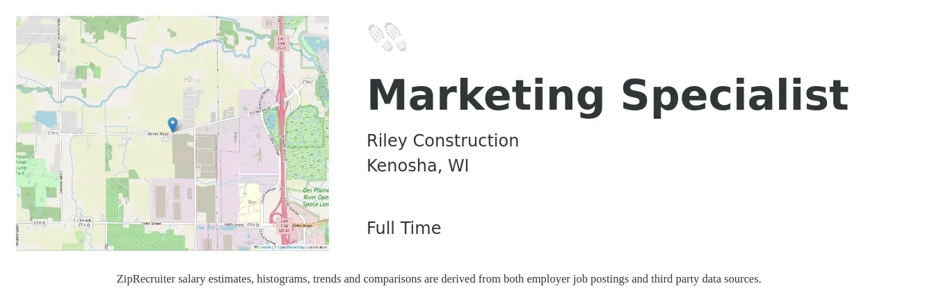 Riley Construction job posting for a Marketing Specialist in Kenosha, WI with a salary of $46,400 to $68,400 Yearly with a map of Kenosha location.