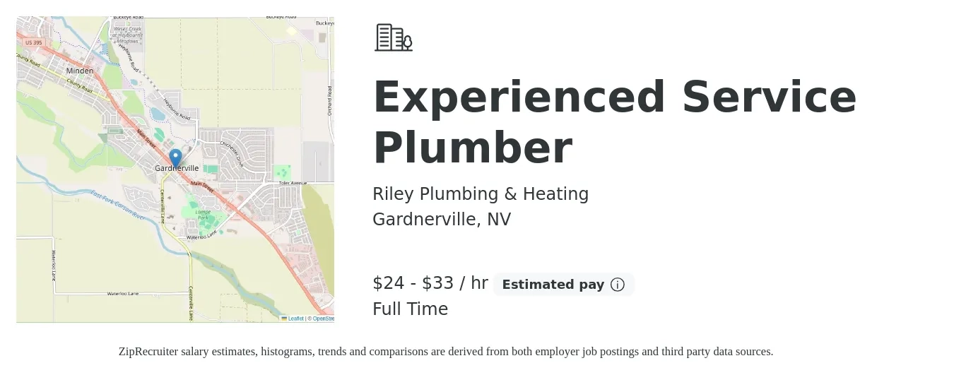 Riley Plumbing & Heating job posting for a Experienced Service Plumber in Gardnerville, NV with a salary of $25 to $35 Hourly with a map of Gardnerville location.