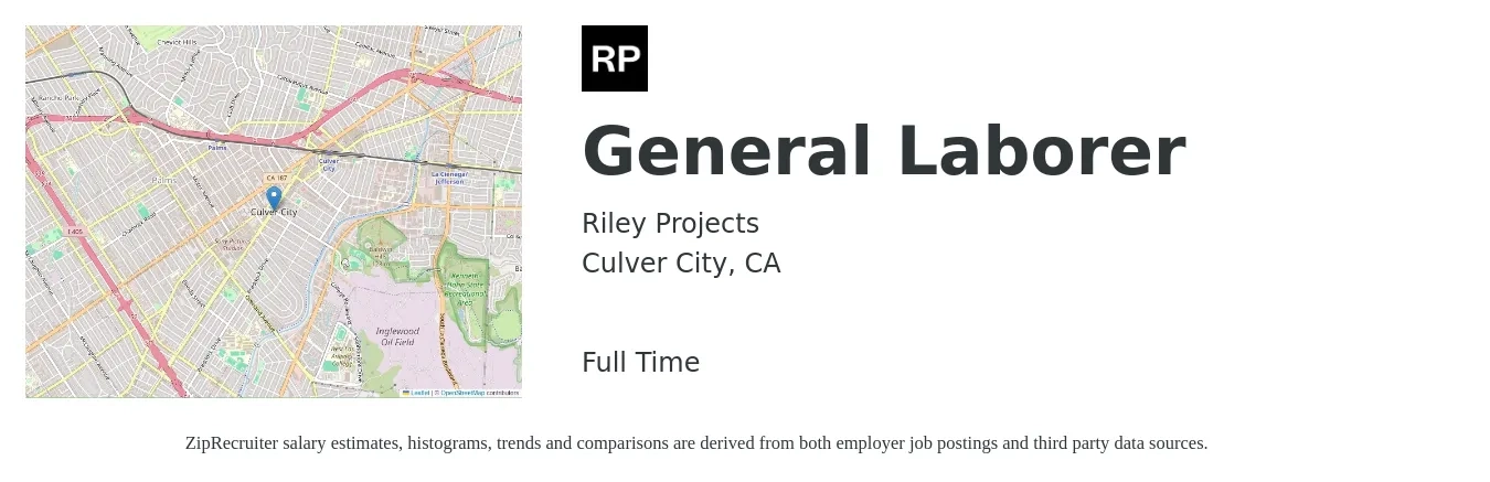 Riley Projects job posting for a General Laborer in Culver City, CA with a salary of $18 to $22 Hourly with a map of Culver City location.