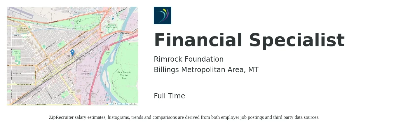 Rimrock Foundation job posting for a Financial Specialist in Billings Metropolitan Area, MT with a salary of $53,200 to $92,500 Yearly with a map of Billings Metropolitan Area location.