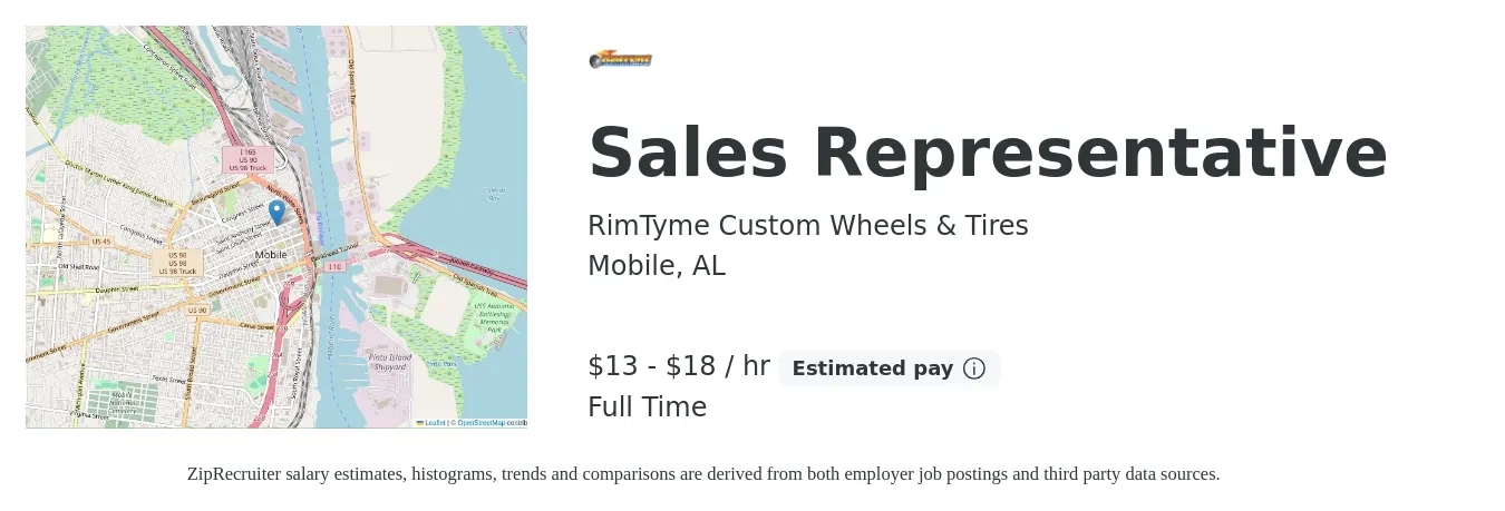 RimTyme Custom Wheels & Tires job posting for a Sales Representative in Mobile, AL with a salary of $14 to $19 Hourly with a map of Mobile location.