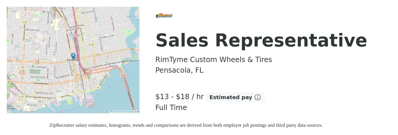 RimTyme Custom Wheels & Tires job posting for a Sales Representative in Pensacola, FL with a salary of $14 to $19 Hourly with a map of Pensacola location.