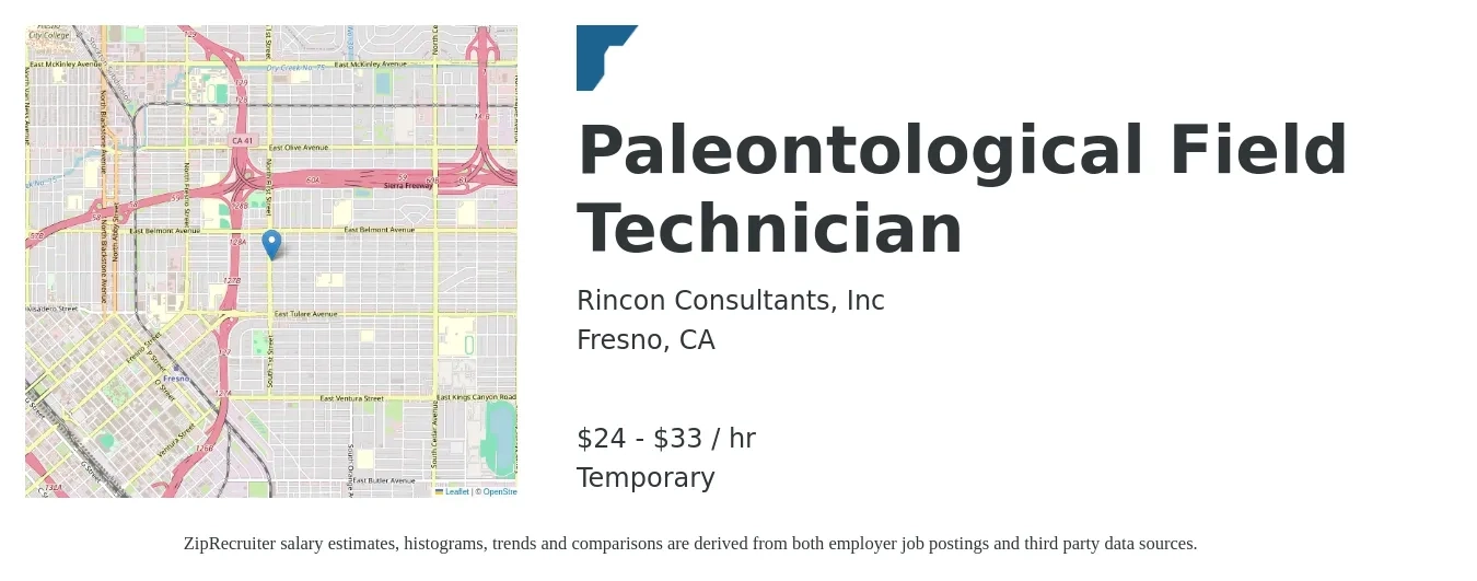 Rincon Consultants, Inc job posting for a Paleontological Field Technician in Fresno, CA with a salary of $25 to $35 Yearly with a map of Fresno location.