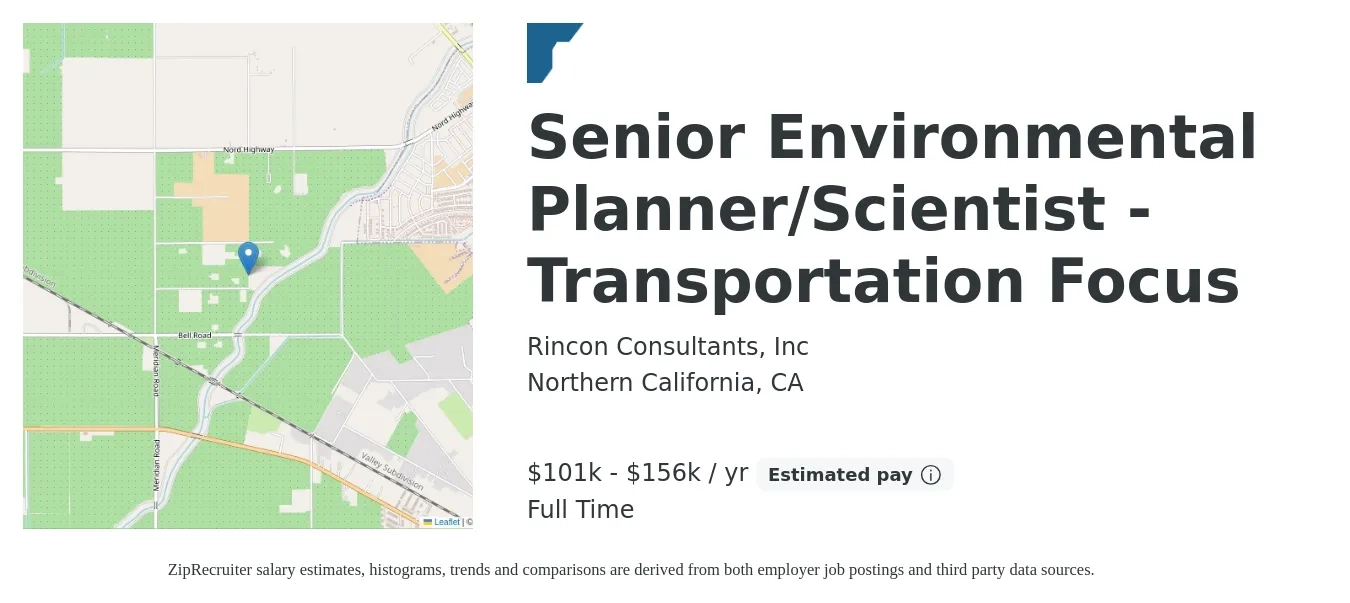 Rincon Consultants, Inc job posting for a Senior Environmental Planner/Scientist - Transportation Focus in Northern California, CA with a salary of $101,000 to $156,000 Yearly with a map of Northern California location.