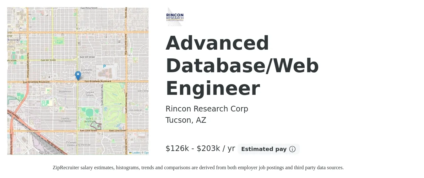 Rincon Research Corp job posting for a Advanced Database/Web Engineer in Tucson, AZ with a salary of $126,000 to $203,000 Yearly with a map of Tucson location.
