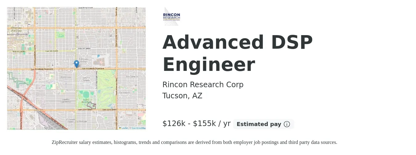 Rincon Research Corp job posting for a Advanced DSP Engineer in Tucson, AZ with a salary of $126,000 to $203,000 Yearly with a map of Tucson location.
