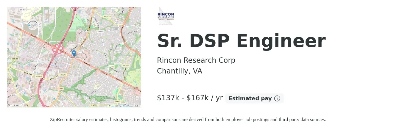 Rincon Research Corp job posting for a Sr. DSP Engineer in Chantilly, VA with a salary of $137,000 to $167,000 Yearly with a map of Chantilly location.