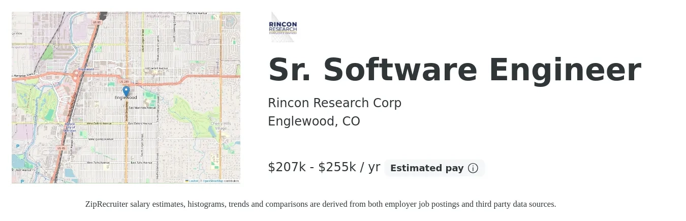 Rincon Research Corp job posting for a Sr. Software Engineer in Englewood, CO with a salary of $207,000 to $255,000 Yearly with a map of Englewood location.